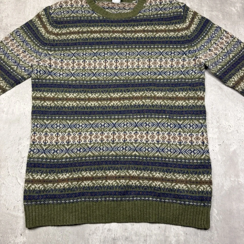 GAP Men's L Wool Blend Fair Isle Nordic Knit Sweater Olive Green Crewneck
